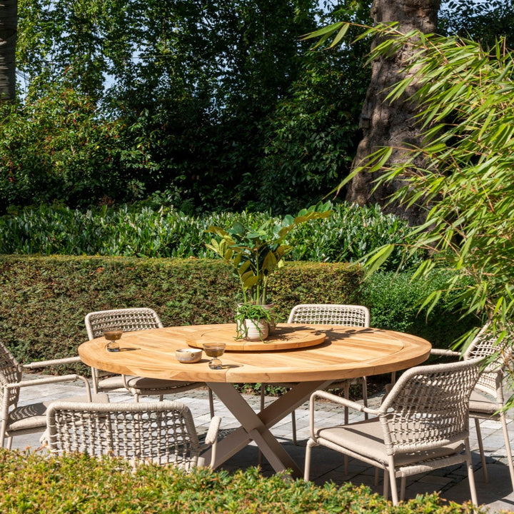 Prado ronde tuinset in teak met 6 stapelbare barista tuinstoelen