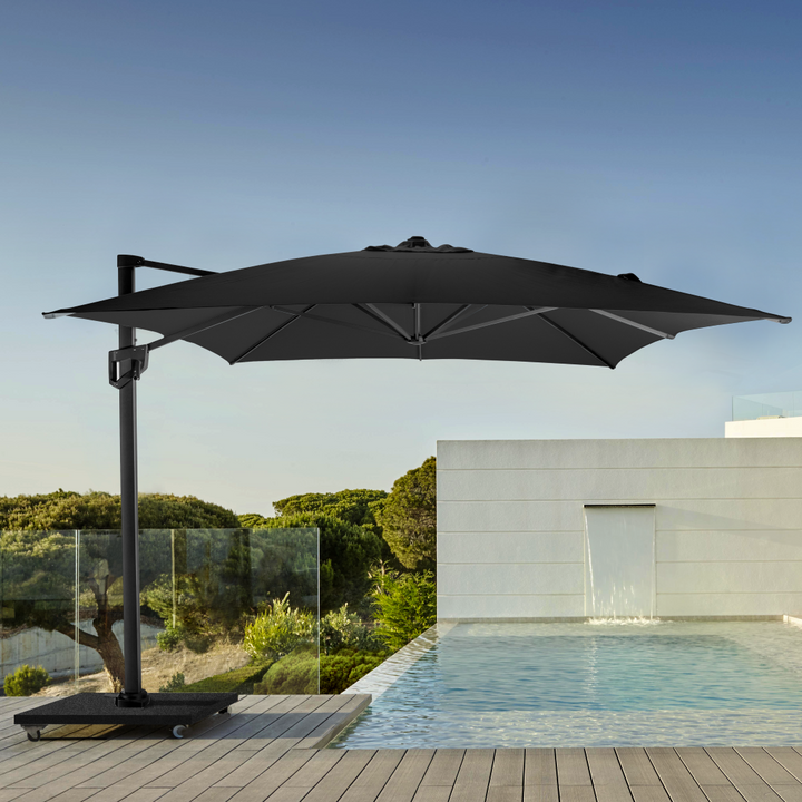 Challenger Zweefparasol in antracite aluminium met zwarte doek 300x400 parasol+voet+hoes