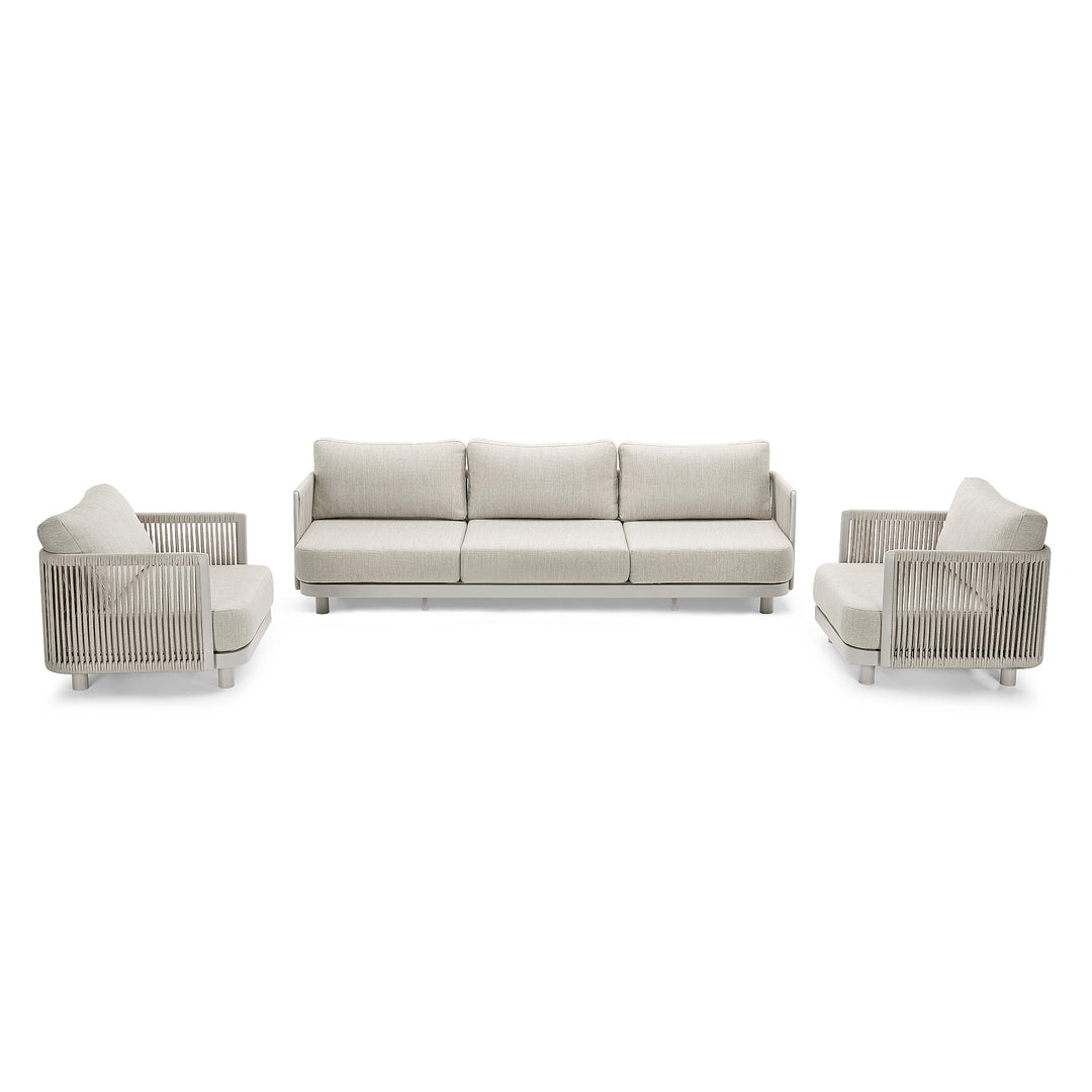 Bonito loungeset in beige aluminium en vertikaal geweven touw met all-weather kussens