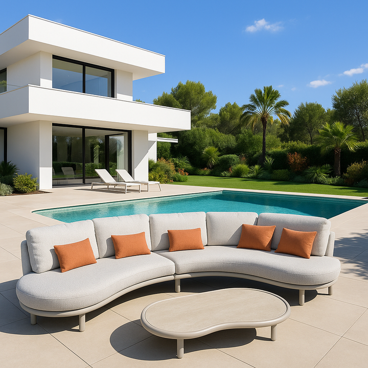 Breeze organische loungeset in beige aluminium en all-weather kussens rechts