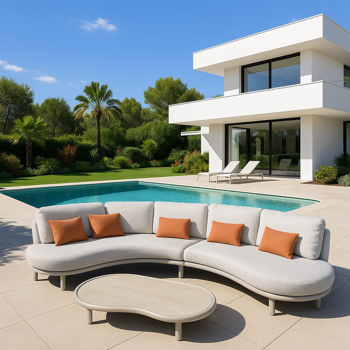 Breeze organische loungeset in beige aluminium en all-weather kussens links