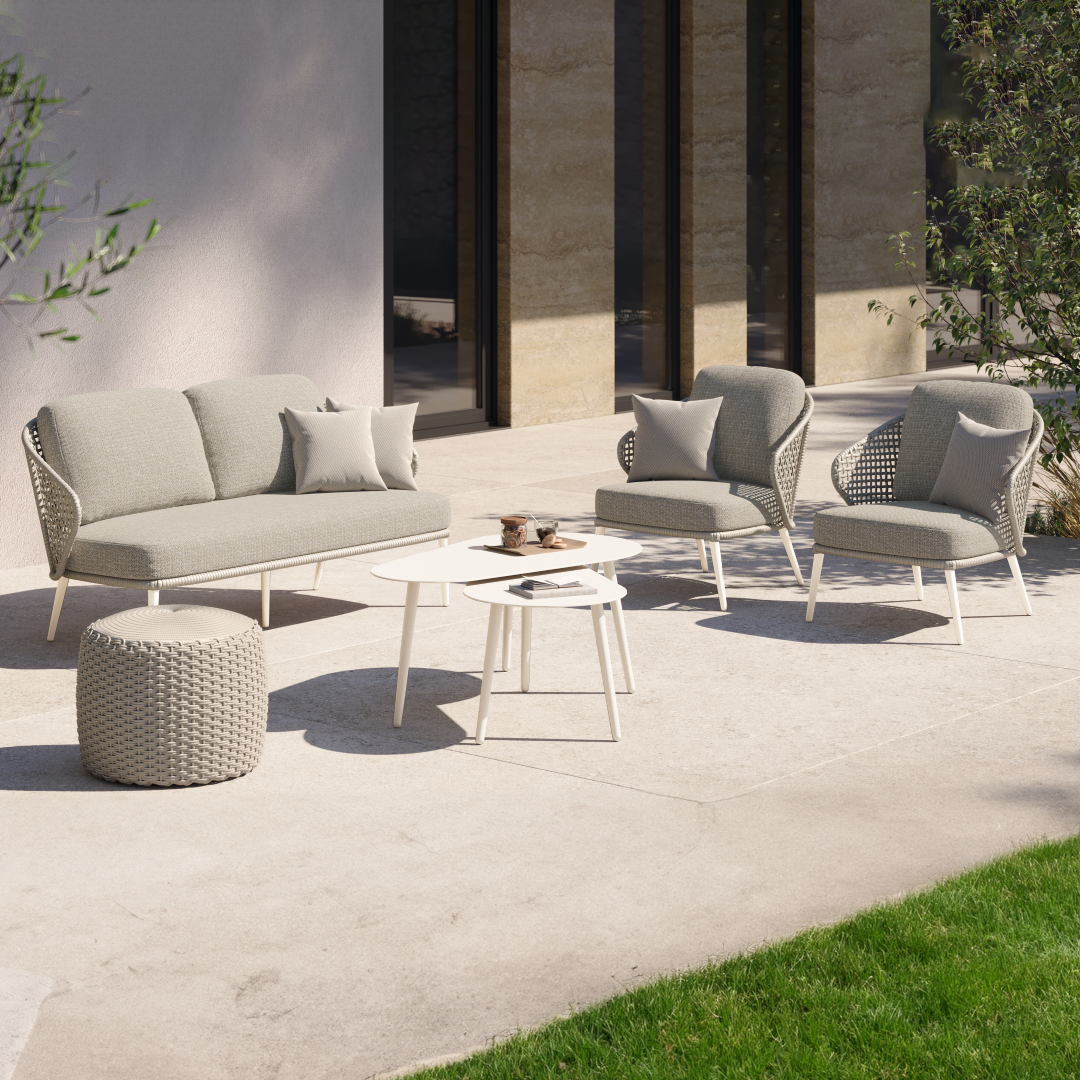 Hera loungeset blanc aluminium et beige carré tressé corde ronde