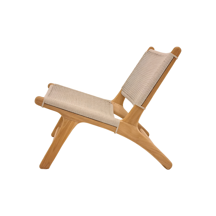 Koozy loungestoel in teak en beige vierkant geweven rope