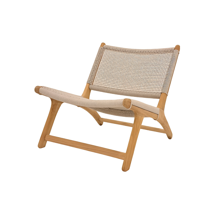 Koozy loungestoel in teak en beige vierkant geweven rope