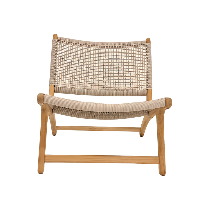 Koozy loungestoel in teak en beige vierkant geweven rope