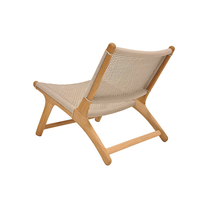 Koozy loungestoel in teak en beige vierkant geweven rope