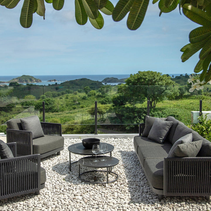 Bonito loungeset in antracite aluminium en vertikaal geweven touw met all-weather kussens