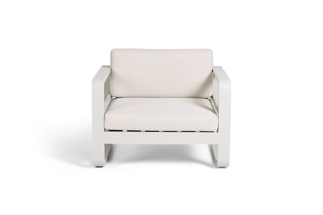 Reno 1-zit loungezetel in beige aluminium en all-weather kussens