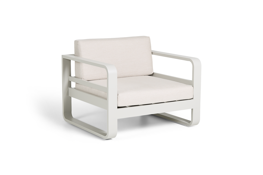 Reno 1-zit loungezetel in beige aluminium en all-weather kussens