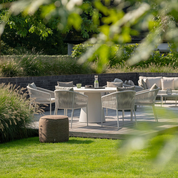 Ensemble de jardin rond Fortuna en aluminium beige et céramique R150cm avec chaise de salle à manger Fortuna