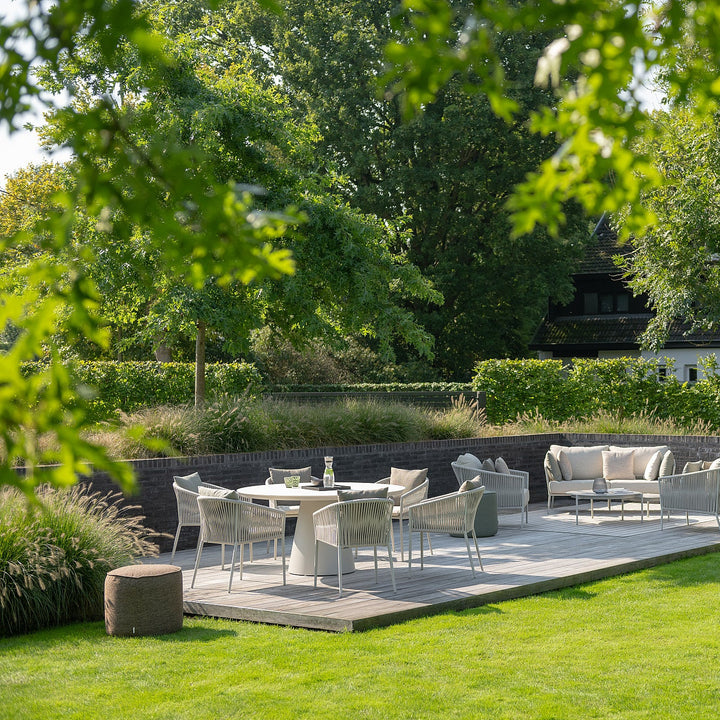 Ensemble de jardin rond Fortuna en aluminium beige et céramique R150cm avec chaise de salle à manger Fortuna