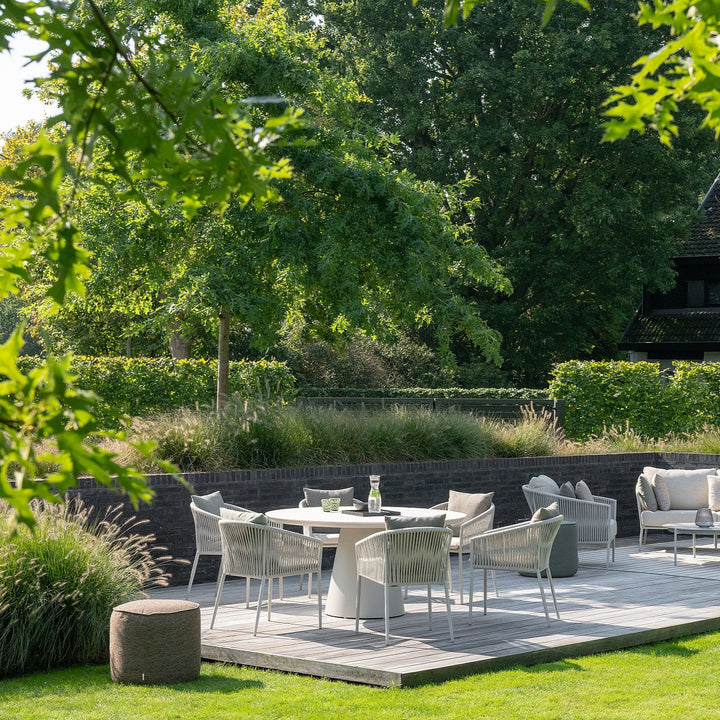 Ensemble de jardin rond Fortuna en aluminium beige et céramique R150cm avec chaise de salle à manger Fortuna