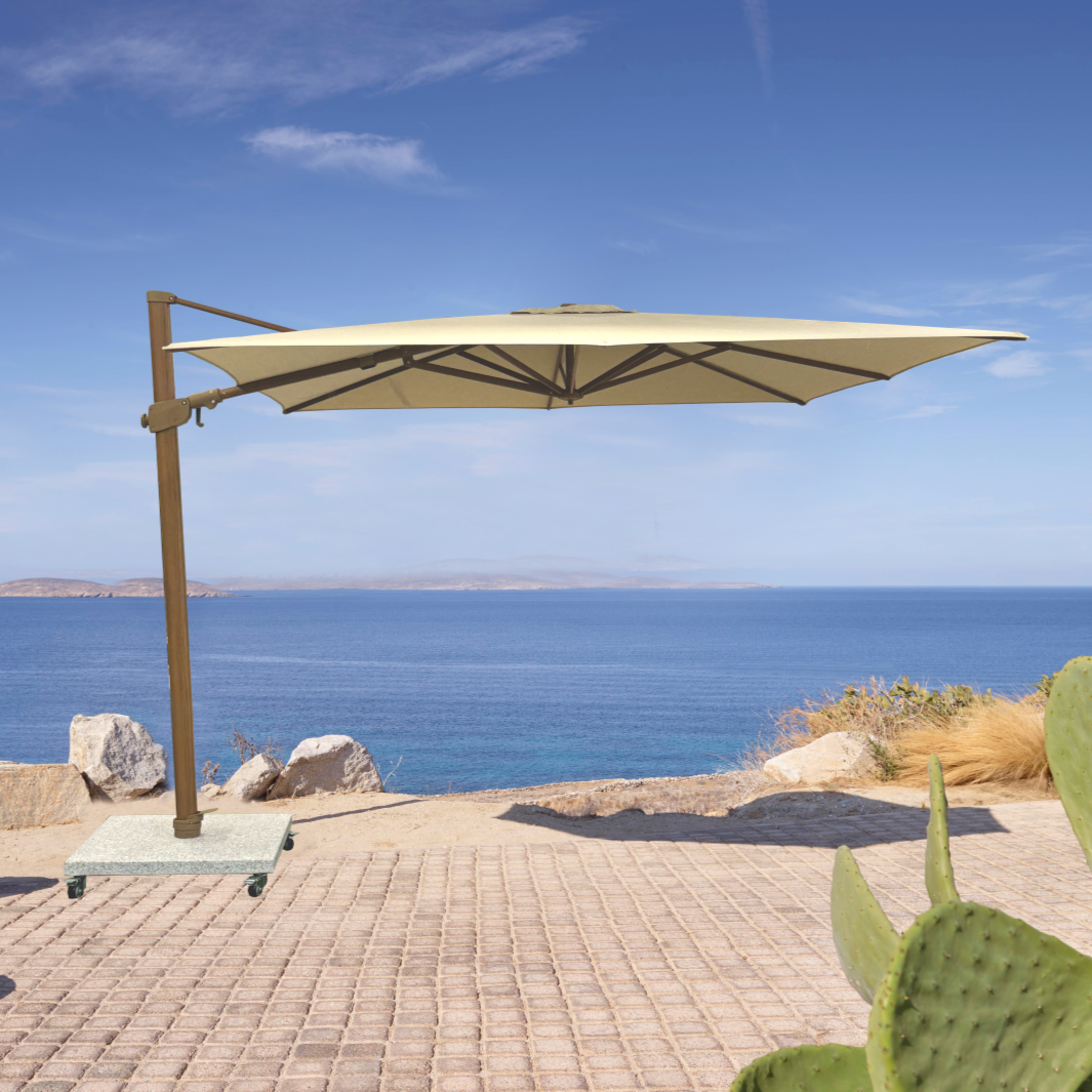 Monaco S Zweefparasol 250x250 Sunbrella parasol+voet+hoes | teak/latte