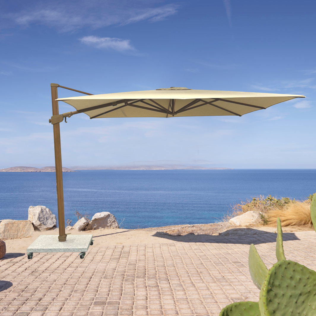 Monaco Zweefparasol 300x300 Sunbrella parasol+voet+hoes | teak/latte