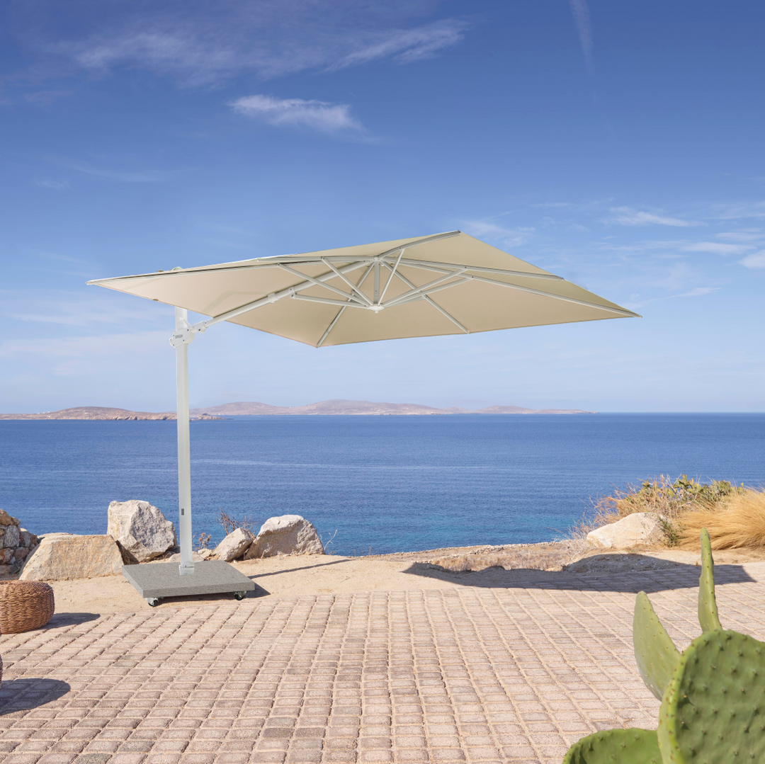 Monaco Zweefparasol 300x300 Sunbrella parasol+voet+hoes | wit/stone