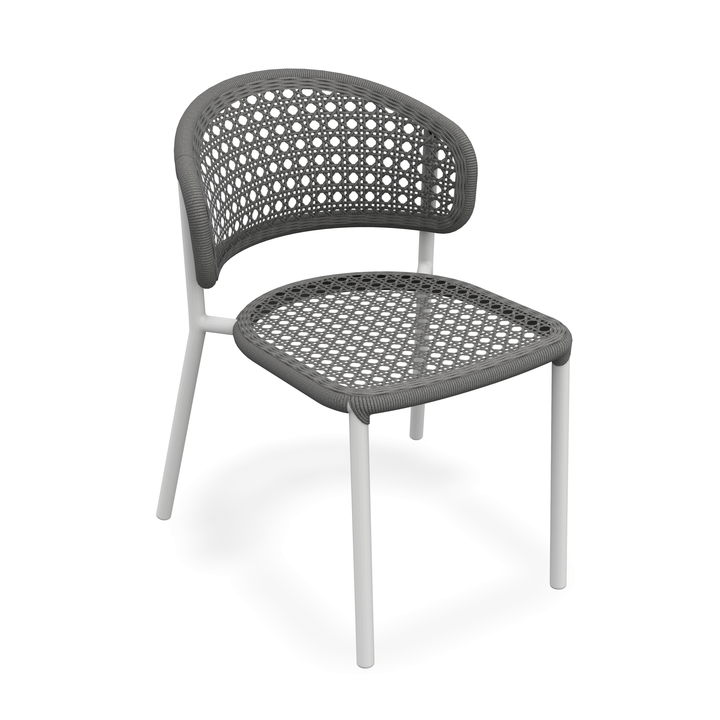 Chaise de jardin empilable Butterfly en aluminium blanc et corde ronde tissée carrée gris clair