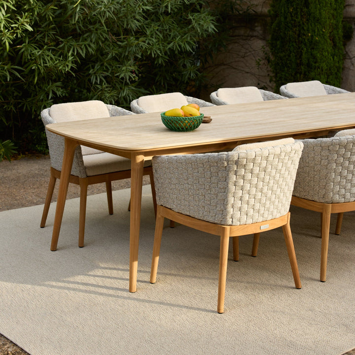 Legna tuinset in teak met keramisch tafelblad 320x100 met tondo dining stoel