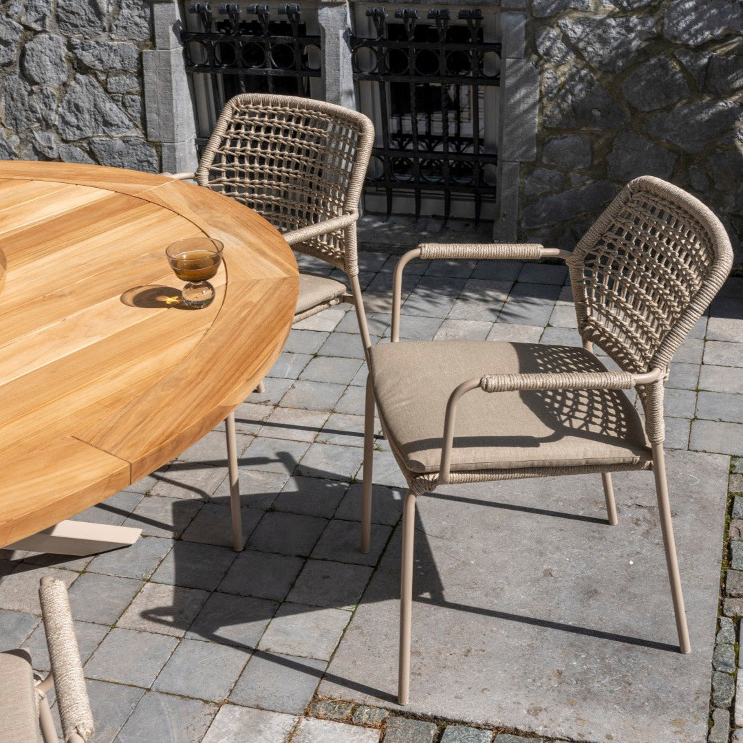 Ensemble de jardin rond Prado en teck avec 6 chaises de jardin barista empilables