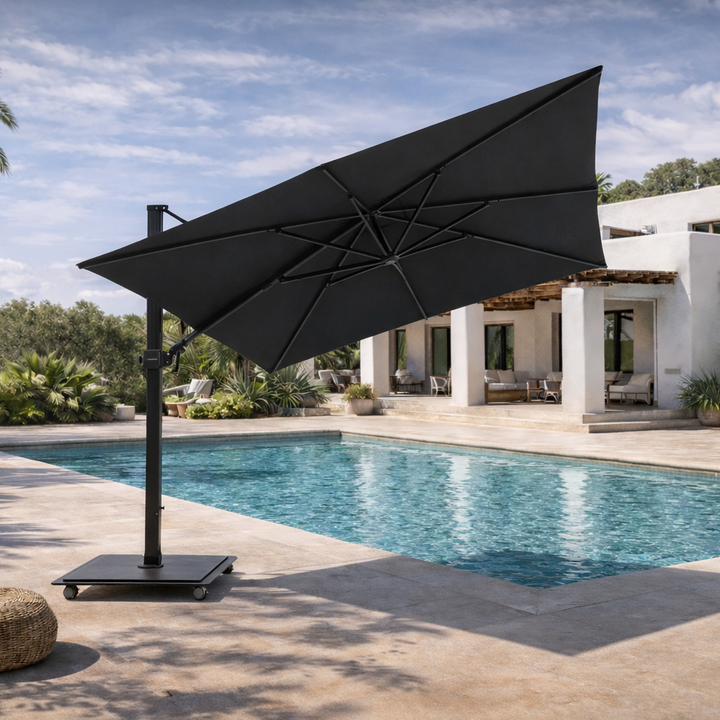 Parasol suspendu Carrera pro 300x300 cadre noir et toile parasol Sunbrella noire