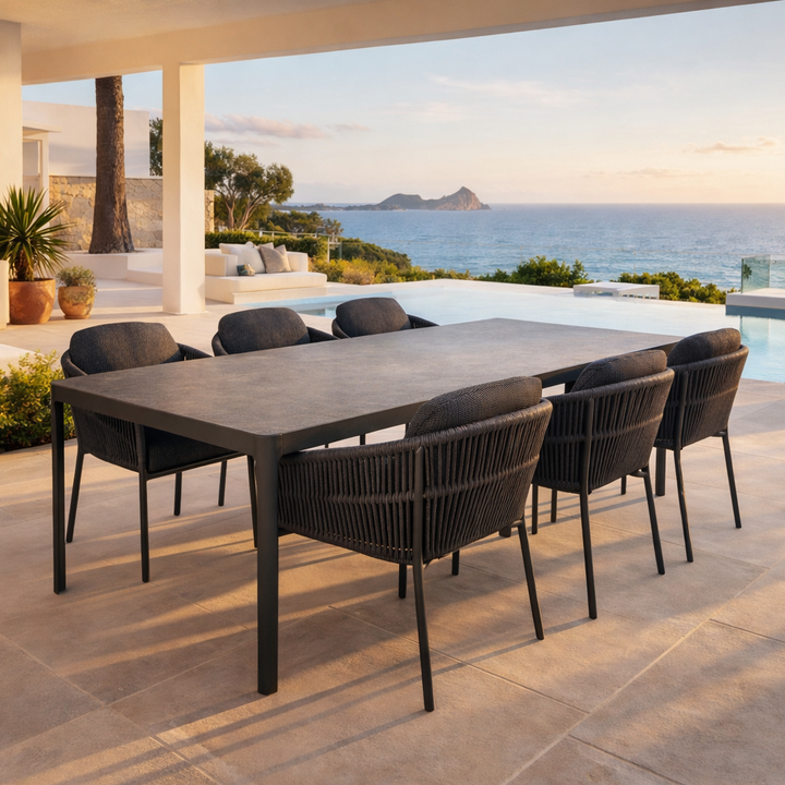 Ducast garden table in antracite aluminium 220x100 with full ceramic tabletop and Cortina dining