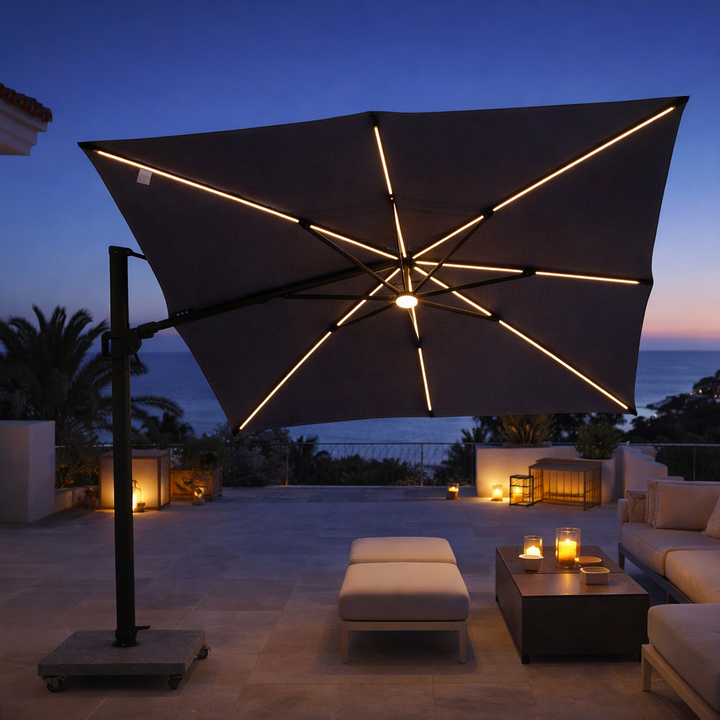 Mallorca LED cantilever parasol antracite frame and antracite parasol fabric + base + protective cover