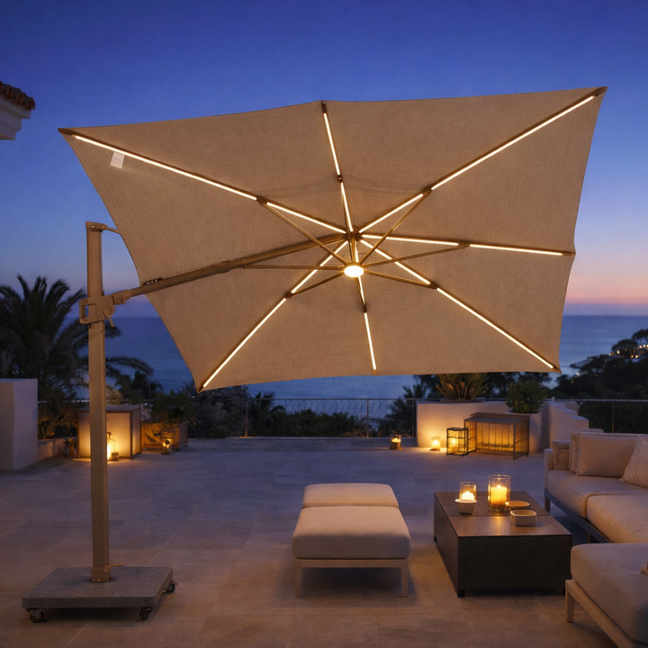 Parasol suspendu LED Mallorca cadre beige et toile couleur sable + base + housse de protection