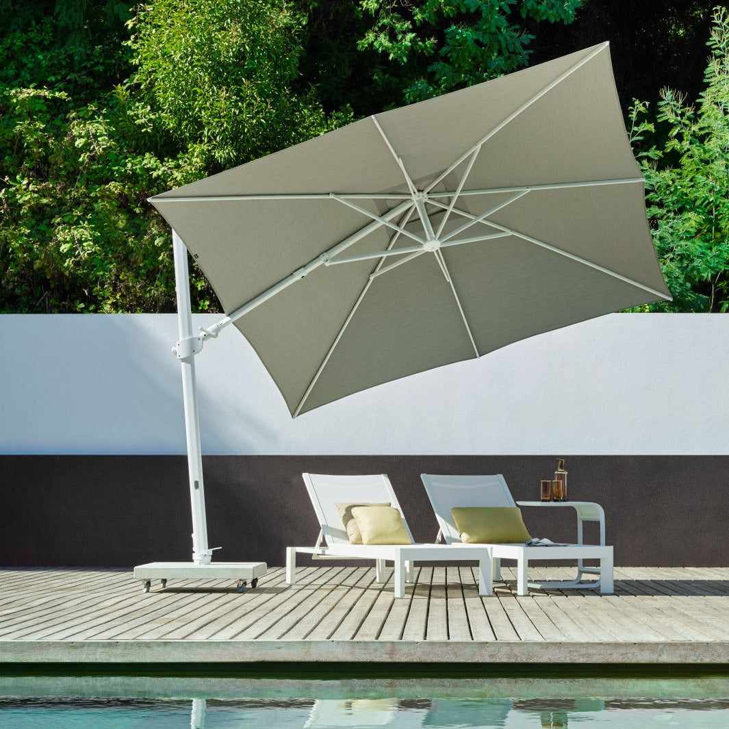 Marbella S Zweefparasol 250x250 Olefin parasol+voet+hoes | wit/licht grijs
