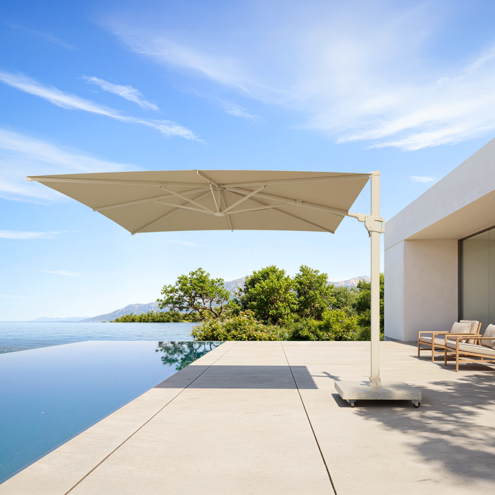 Parasol suspendu LED Mallorca cadre beige et toile couleur sable + base + housse de protection