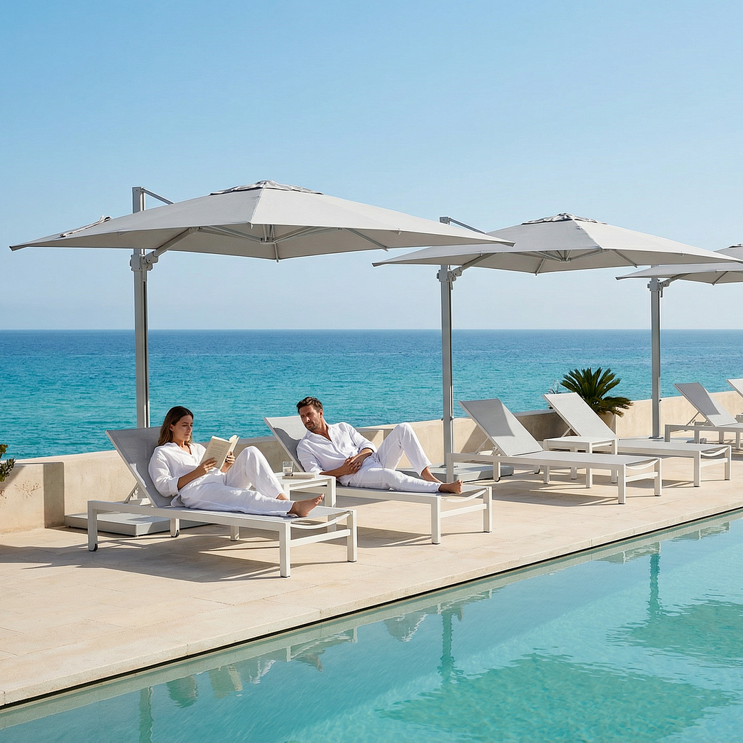 Solux zweefparasol 300x300 met linen aluminium frame en beige sunbrella doek