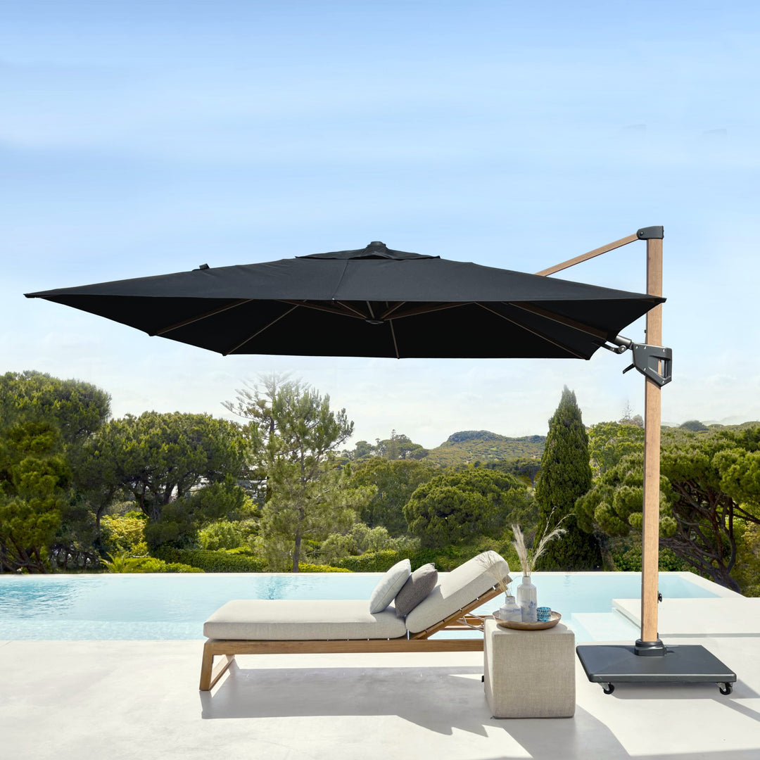 Valencia Zweefparasol 300x300 Parasol+voet+hoes | teak/zwart