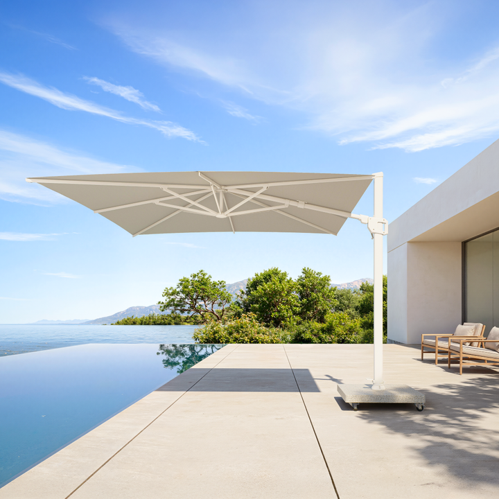 Mallorca cantilever parasol white frame and light grey parasol fabric + base + protective cover