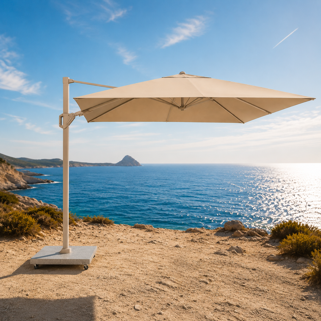 Challenger Zweefparasol 300x300 Parasol+voet+hoes | beige frame met stone parasoldoek