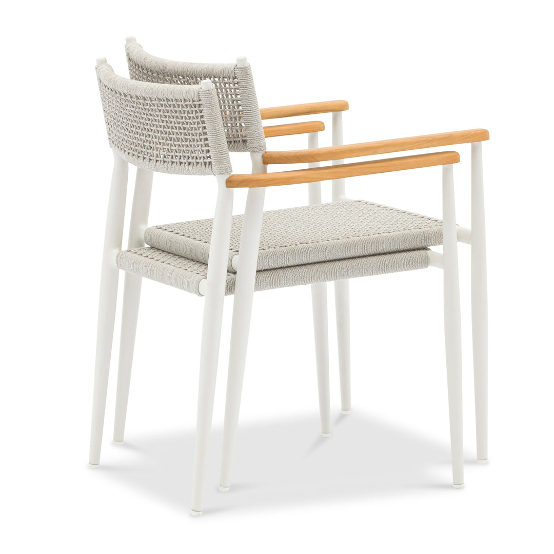 Chaise de jardin empilable Coco en aluminium blanc et corde ronde tressée carrée gris clair