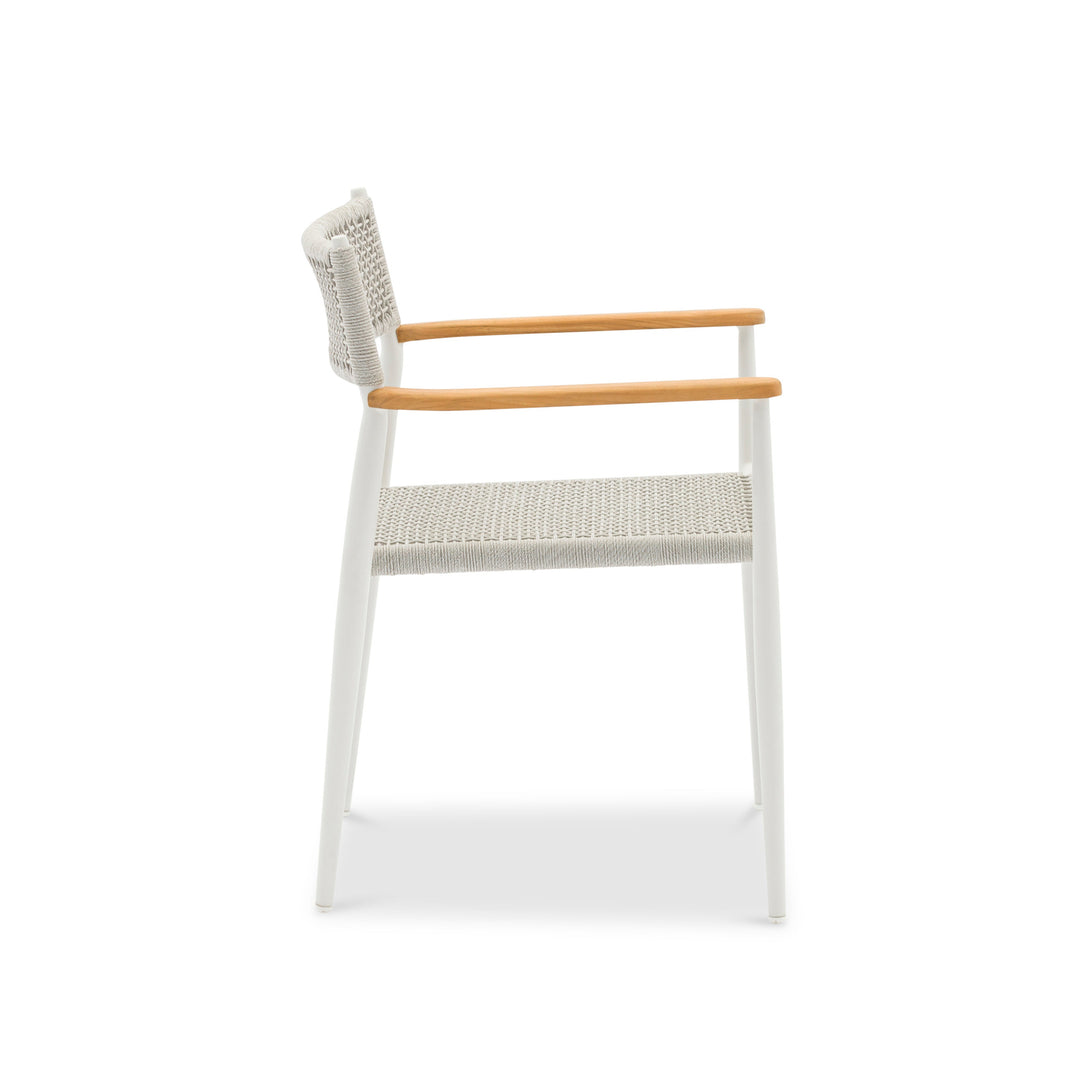 Chaise de jardin empilable Coco en aluminium blanc et corde ronde tressée carrée gris clair