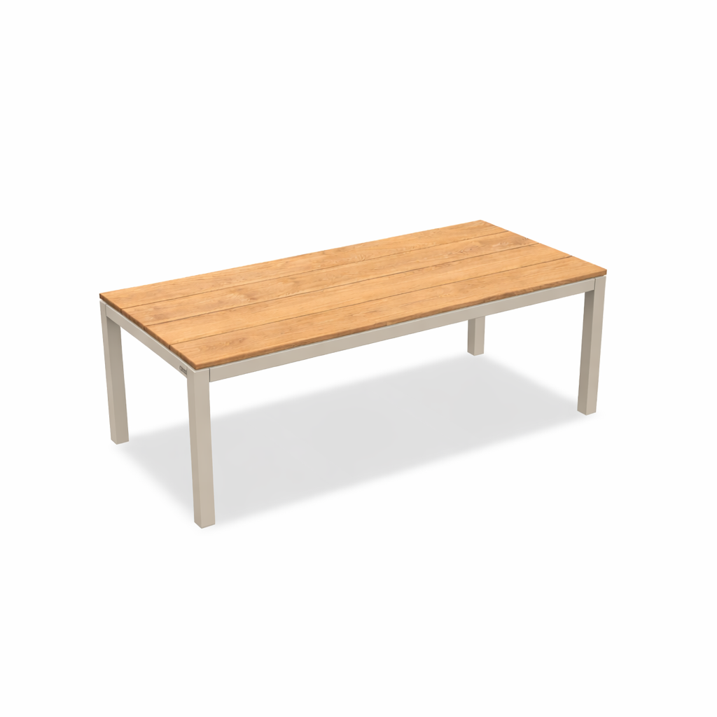 Table de jardin Danli 220x100 en aluminium beige (dune matte) avec plateau de table en teck