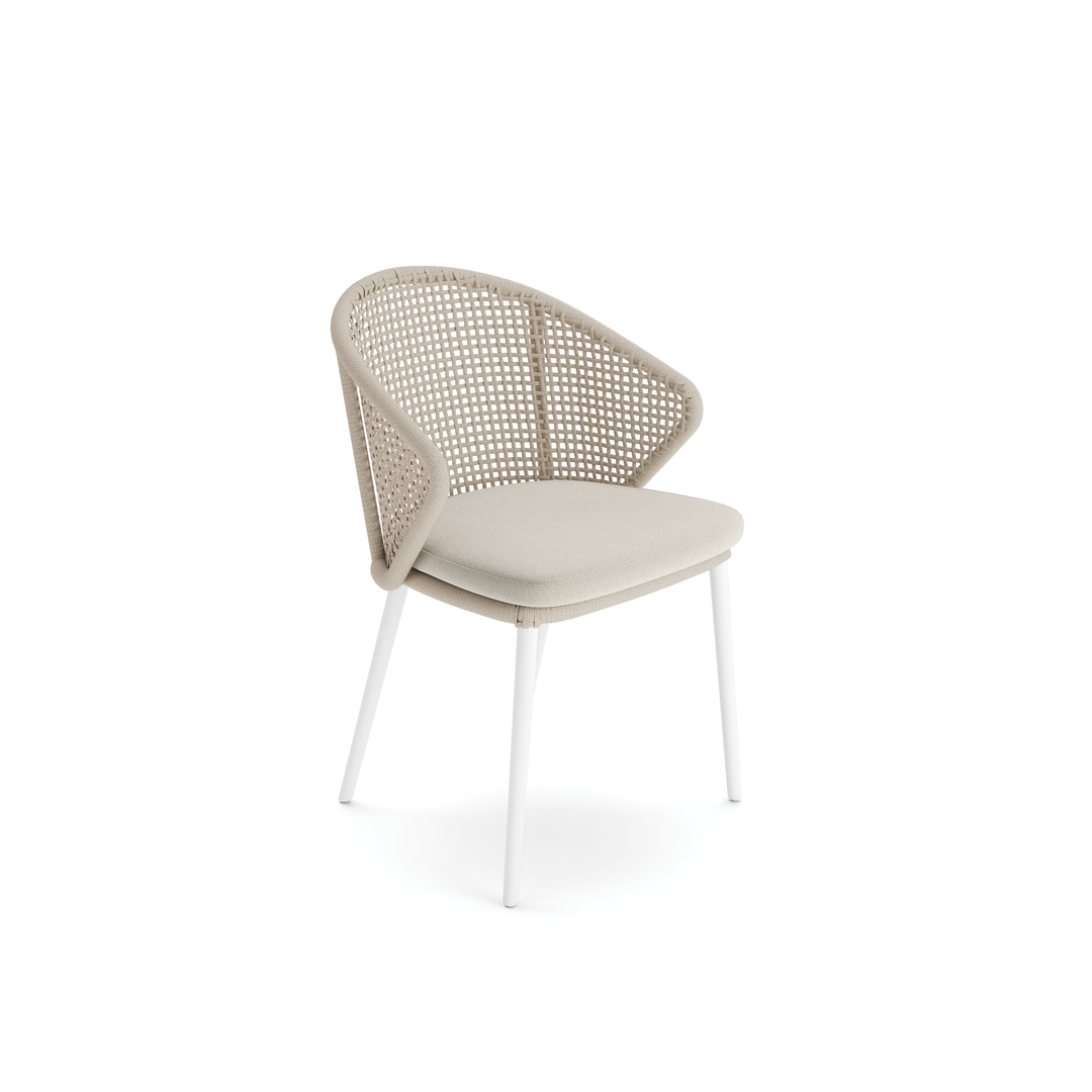 Hera stackable garden chair in white aluminum and linen square woven round rope 