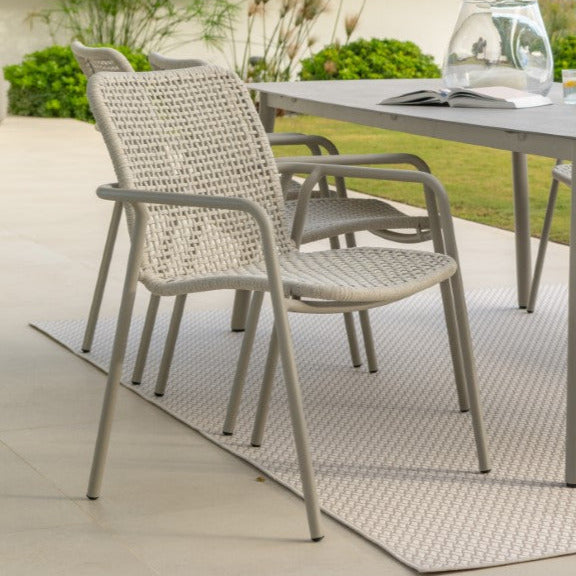 Durham stackable garden chair in sand aluminum and sand square woven round rope 