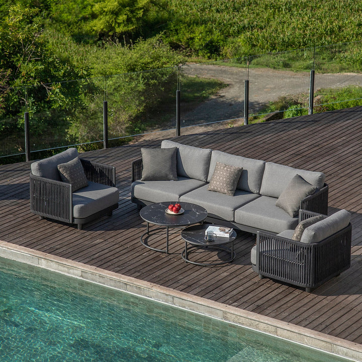 Ensemble de salon Bonito en aluminium antracite et corde tissée verticalement avec coussins toutes saisons