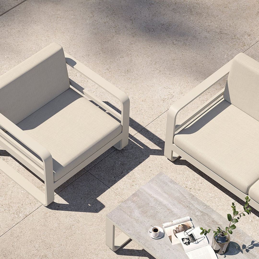 Ensemble de salon Reno en aluminium beige avec coussins toutes saisons