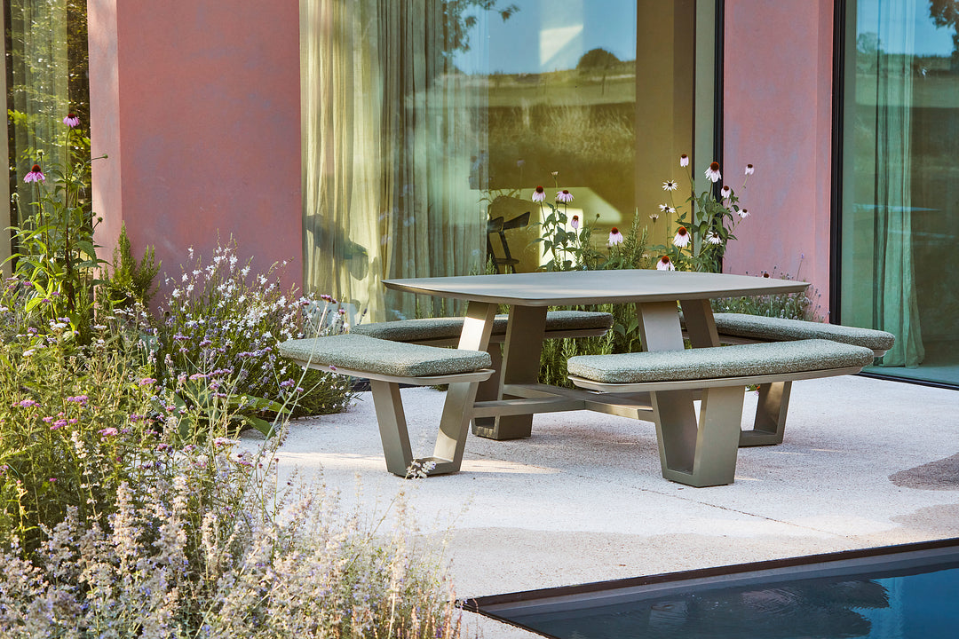 Squadro picknicktafel 229x229cm in groen mat aluminium
