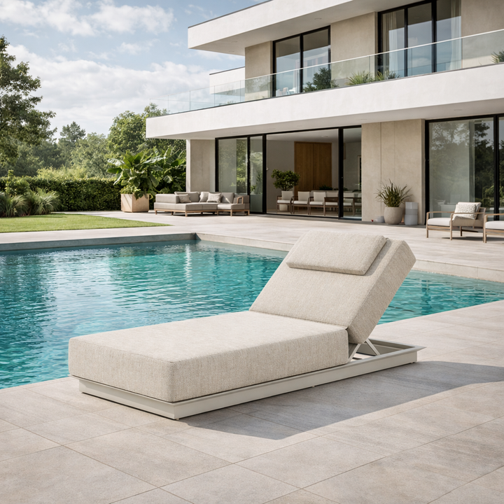 Lido sunlounger in beige aluminum with all-weather cushion