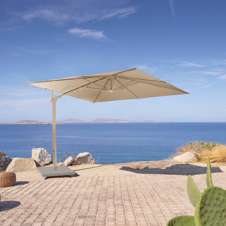 Monaco Zweefparasol 300x300cm beige aluminium en beige sunbrella doek | parasol+voet+hoes