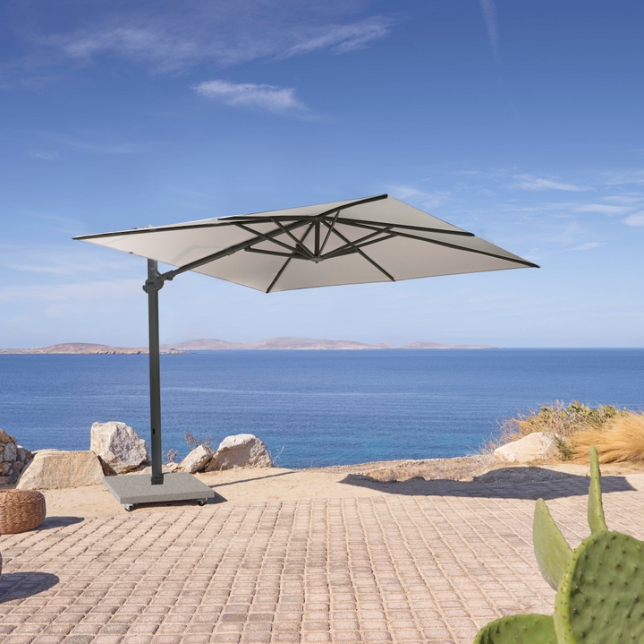 Parasol suspendu Monaco 300x300cm aluminium noir et toile Sunbrella gris clair | parasol+base+housse