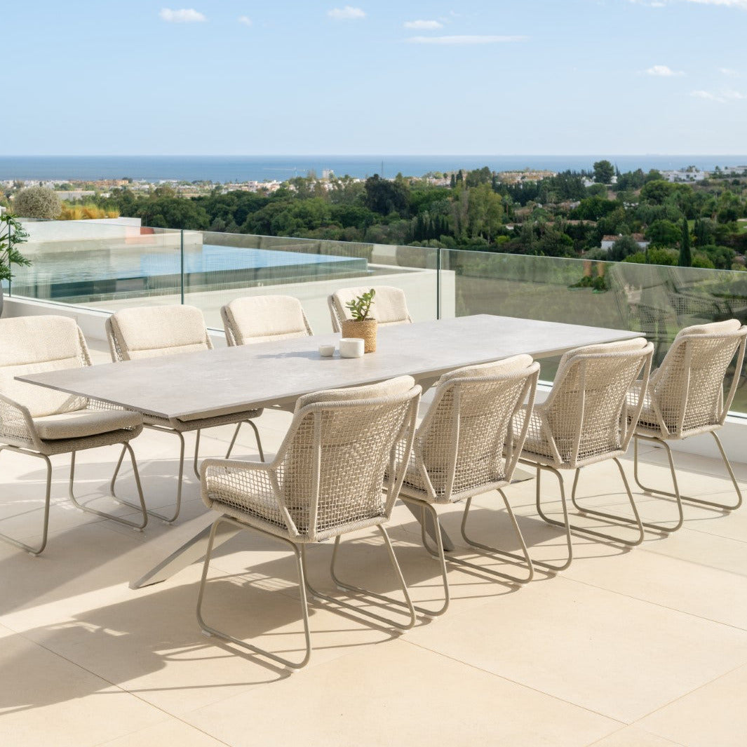 Yate garden table 280x100 with all-ceramic table top and Alden garden chair