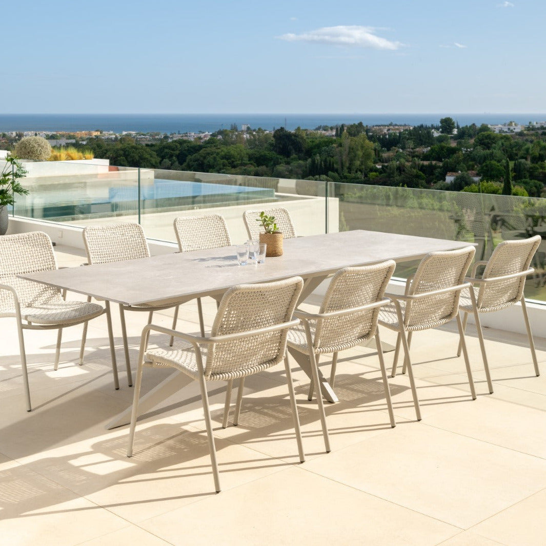 Yate garden table 280x100 with all-ceramic table top and Durham stacking chair