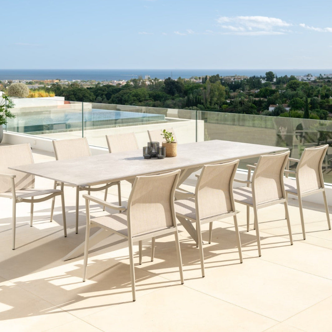 Yate garden table 280x100 with all-ceramic table top and Loya stacking chair