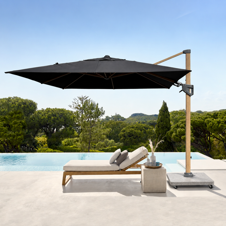 Valencia Zweefparasol 300x300 Parasol+voet+hoes | teak/zwart