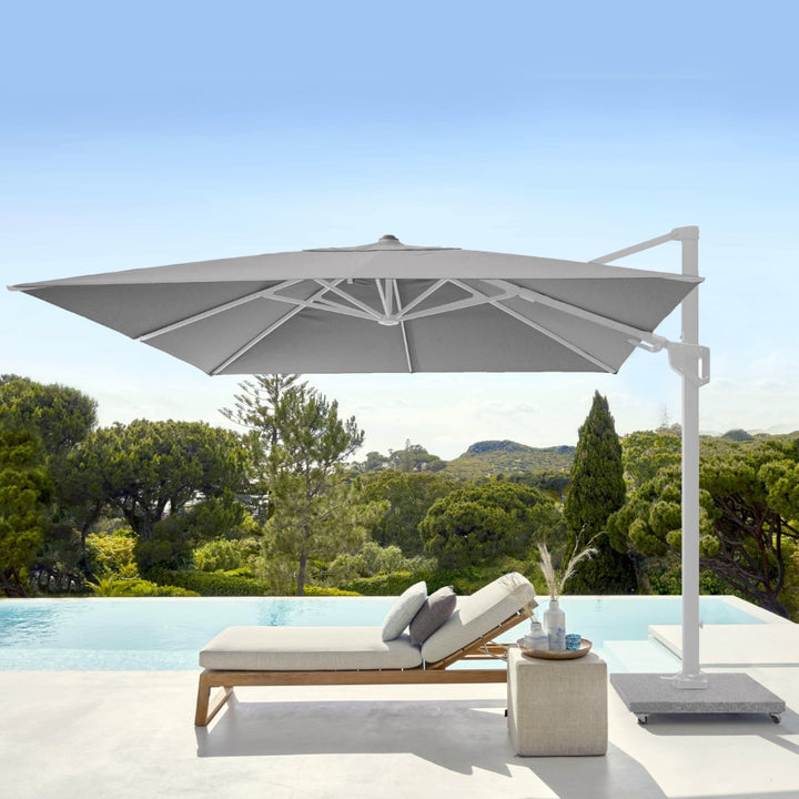 Valencia Zweefparasol 300x300 Parasol+voet+hoes | blanc/gris clair