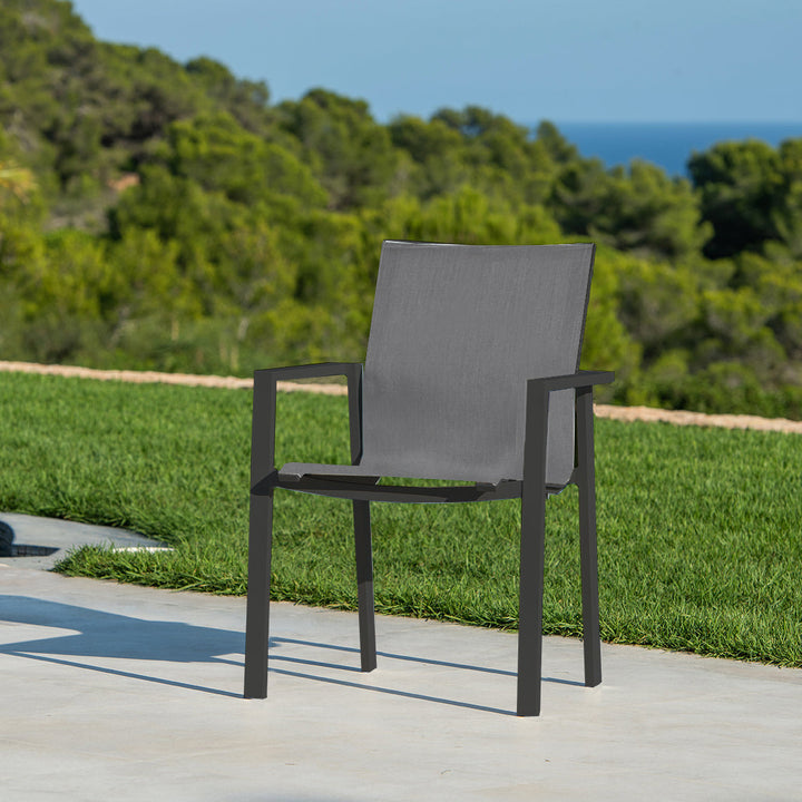 Beja stackable garden chair in anthracite aluminum and silver gray textilene
