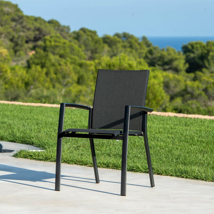 Sevilla stackable garden chair in black aluminum and black textilene 